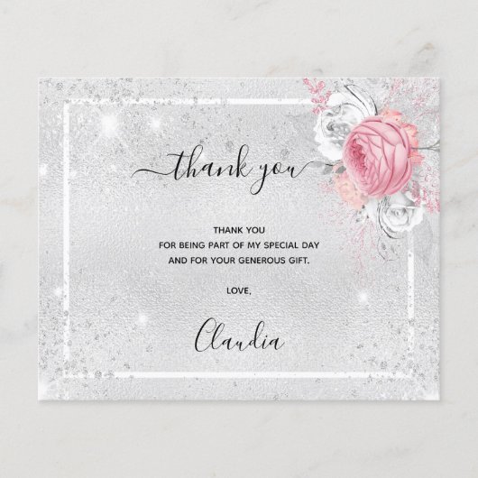 誕生日銀色ピンクの写真サンキューカード (正面)