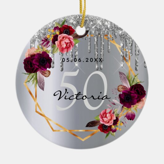 誕生日銀花模様グリッタードリップブルゴーニュ セラミックオーナメント (正面)