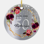 誕生日銀花模様グリッタードリップブルゴーニュ セラミックオーナメント (裏面)