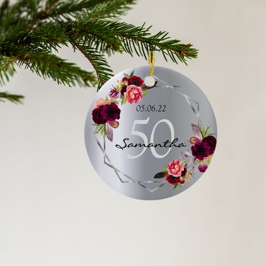 誕生日銀花模様幾何学モノグラム セラミックオーナメント