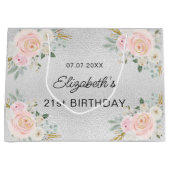 誕生日銀赤面ピンク色の花 ラージペーパーバッグ (正面)