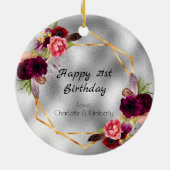 誕生日銀金ゴールド花モノグラム友人 セラミックオーナメント (裏面)