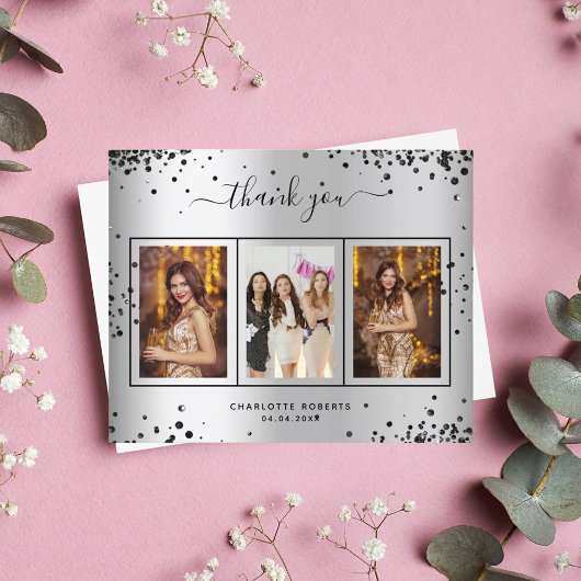 誕生日銀黒写真サンキューカード