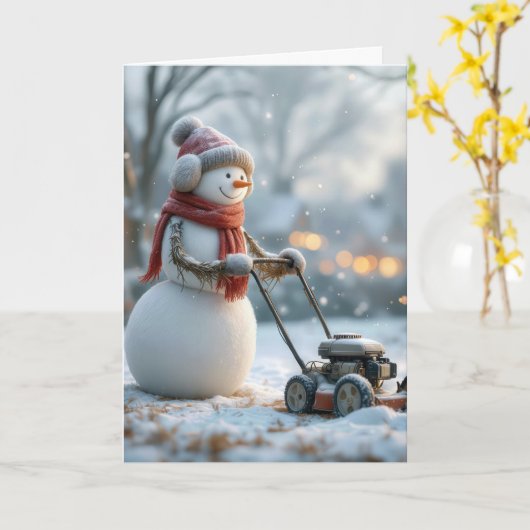 誕生日雪だるまが芝刈りを押す カード (黄色い花)