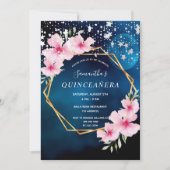 誕生日青空スターピンクフローラ金ゴールド幾何学 招待状 (正面)