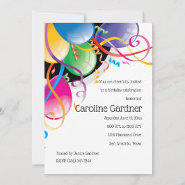 誕生日風船とストリーマーカラフル 招待状