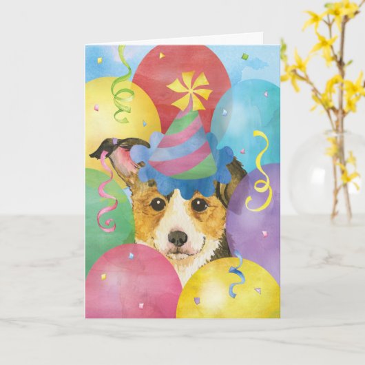 誕生日風船ペンブロークウェルシュコーギーカード カード (黄色い花)