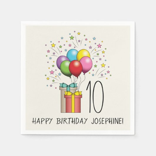誕生日風船及び年齢と文字を有するプレゼント スタンダードカクテルナプキン (正面)