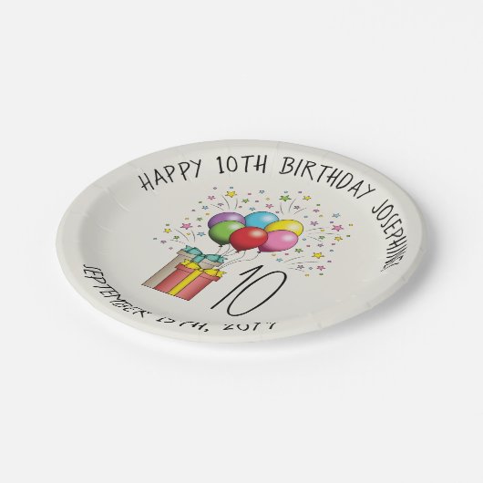 誕生日風船及び年齢と文字を有するプレゼント ペーパープレート (アングル)