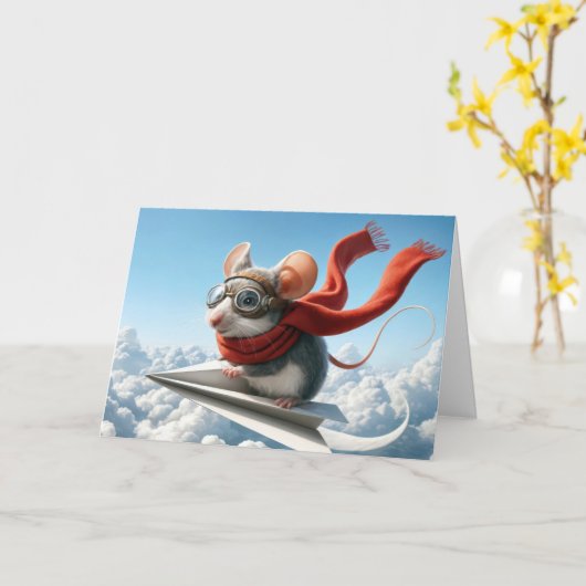 誕生日飛行機を操縦する紙マウス カード (黄色い花)