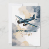 誕生日飛行機 青と金の水彩 エレガント 招待状 (正面)