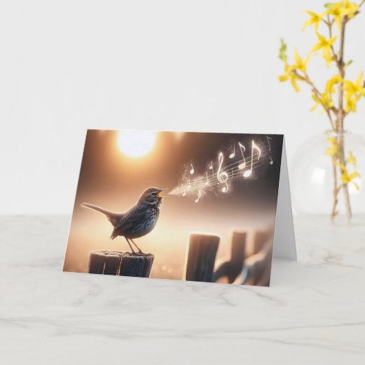 誕生日鳥が柵で歌う カード (黄色い花)