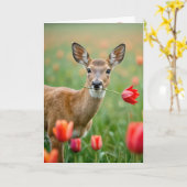 誕生日鹿（赤いチューリップ） カード (黄色い花)