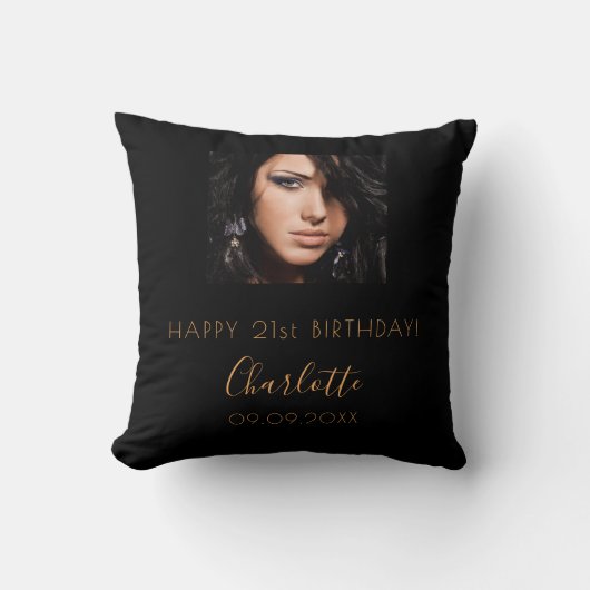 誕生日黒カスタム写真名スクリプト クッション (正面)