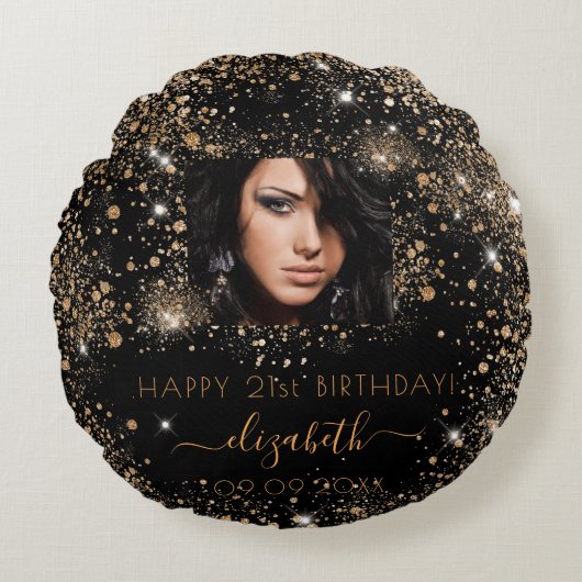 誕生日黒カスタム金ゴールドグリッターモノグラム ラウンドクッション (正面)