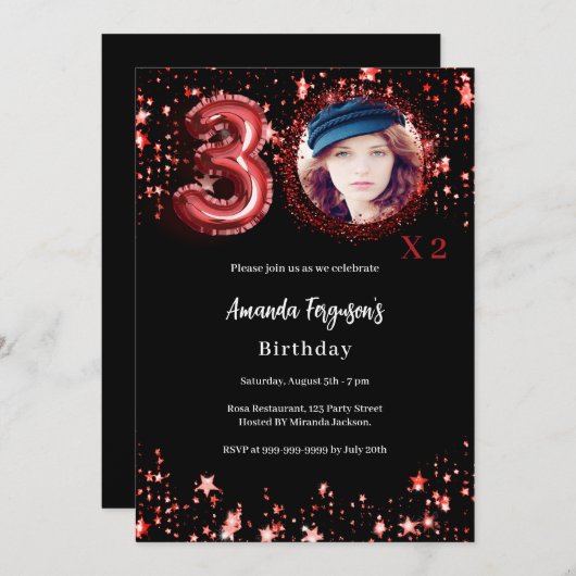 誕生日黒写真金ゴールド星 招待状 (正面/裏面)