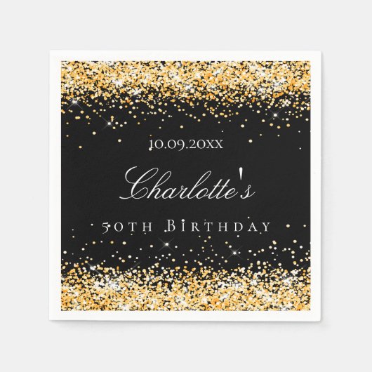 誕生日黒金ゴールド名エレガント スタンダードカクテルナプキン (正面)