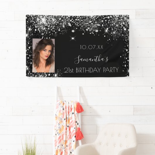 誕生日黒銀写真グリッターモノグラム 横断幕 (インサイチュ)