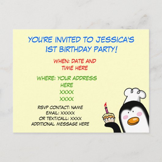 誕生日1回目のパーティーパーソナライズされた招待状 インビテーションポストカード (裏面)