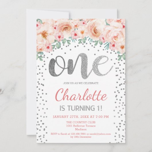 誕生日1回目のパーティー – ホワイトシルバーピンク 招待状 (正面)