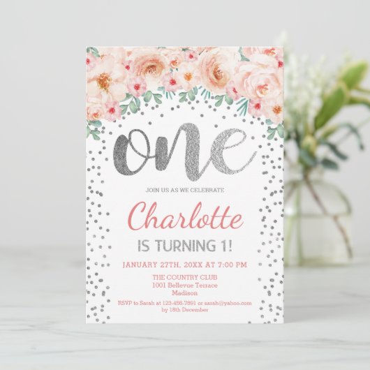 誕生日1回目のパーティー – ホワイトシルバーピンク 招待状 (スタンド正面)