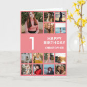 誕生日1回目のフォトコラージュ13枚の写真ピンク&ホワイト カード (黄色い花)