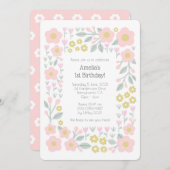 誕生日1回目の花ガーリーピンクと金ゴールド模様 招待状 (正面/裏面)