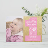 誕生日1回目の金ゴールドグリッターとピンクフォト 招待状 (スタンド正面)