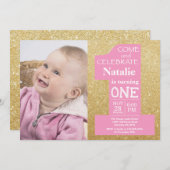 誕生日1回目の金ゴールドグリッターとピンクフォト 招待状 (正面/裏面)