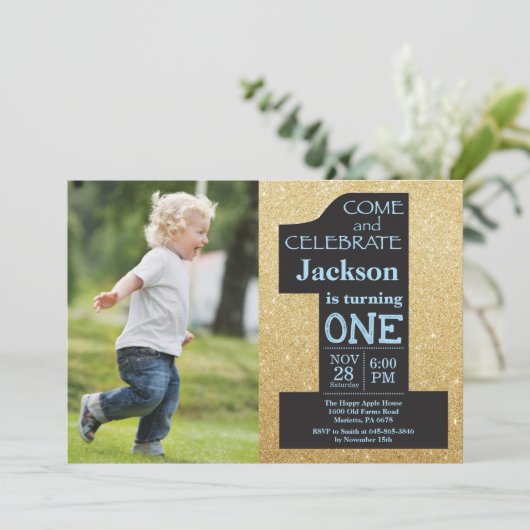 誕生日1回目の金ゴールドグリッターと青い写真 招待状 (スタンド正面)