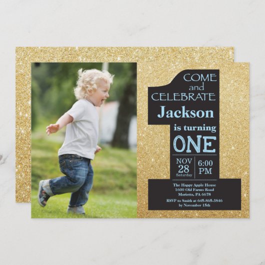 誕生日1回目の金ゴールドグリッターと青い写真 招待状 (正面/裏面)