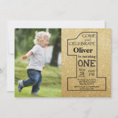 誕生日1回目の金ゴールドグリッターと黒い写真 招待状 (正面)