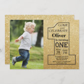 誕生日1回目の金ゴールドグリッターと黒い写真 招待状 (正面/裏面)