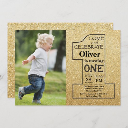 誕生日1回目の金ゴールドグリッターと黒い写真 招待状 (正面/裏面)