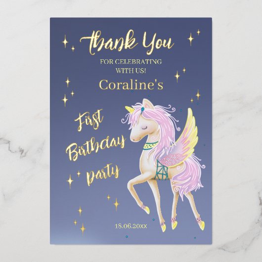 誕生日1歳のフラットな感謝カード。 箔招待状 (正面)