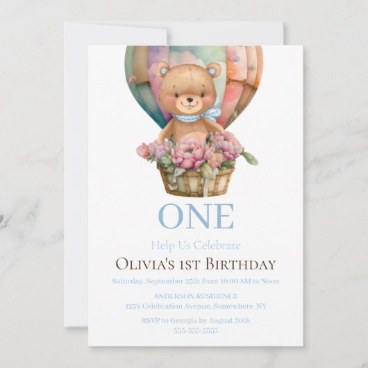 誕生日1歳 テディベア 風船 招待状 (正面)