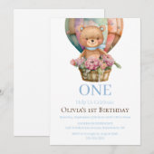 誕生日1歳 テディベア 風船 招待状 (正面/裏面)