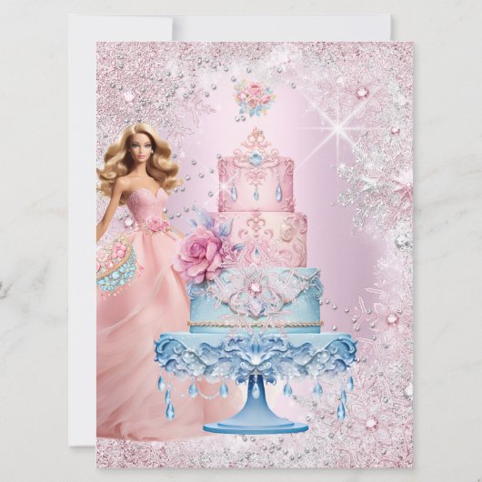 誕生日10代のピンクブルーウィンターワンダーランドティアラ 招待状 (裏面)