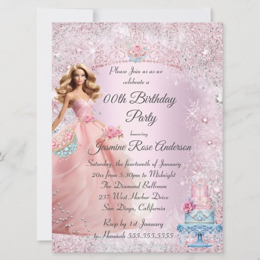 誕生日10代のピンクブルーウィンターワンダーランドティアラ 招待状 (正面)