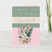 誕生日100回目のフローラピンク・グリーン カード (正面)