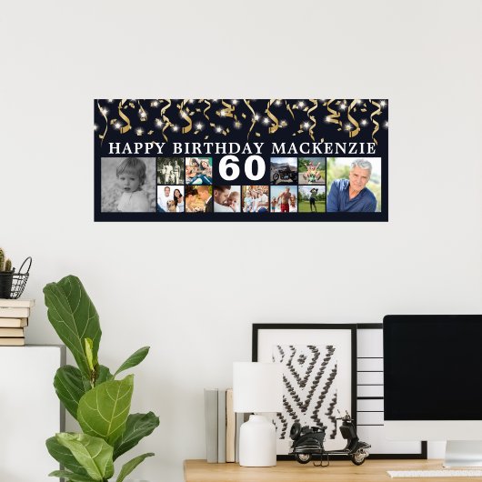 誕生日12フォト金ゴールドストリーマカスタムーの色 ポスター (ホームオフィス)