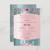 誕生日16ブライダルフローラピンクブルーウォーターアクア 招待状 (正面/裏面)