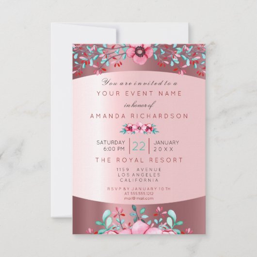誕生日16thブライダルフローラピンクアクアバラスパークリー 招待状 (正面)