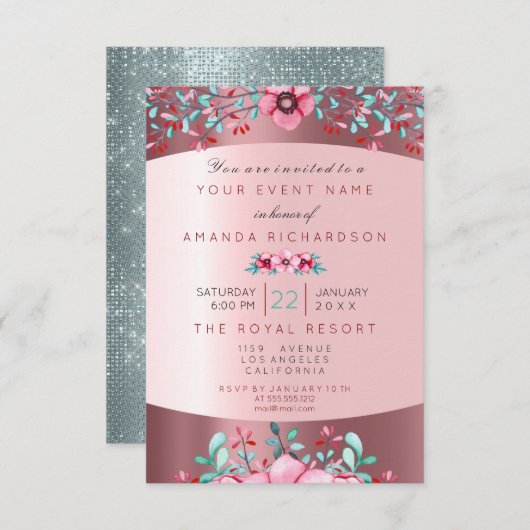誕生日16thブライダルフローラピンクアクアバラスパークリー 招待状 (正面/裏面)