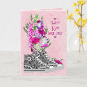 誕生日16th、女の子、ファンシースニーカー黒/白 カード (黄色い花)