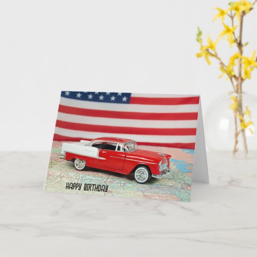 誕生日1955 Chevy Car On a Road Map カード (黄色い花)