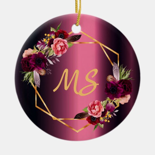 誕生日21ブルゴーニュフローラモノグラム セラミックオーナメント (正面)