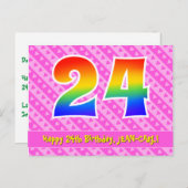 誕生日24歳:ピンクのストライプとハート、レインボー24 ポストカード (正面/裏面)