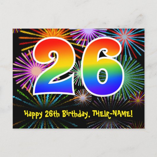 誕生日26th - 楽しい花火模様 + レインボー26 ポストカード (正面)
