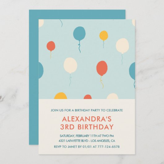 誕生日3回目の招待状バルーンモダン 招待状 (正面/裏面)